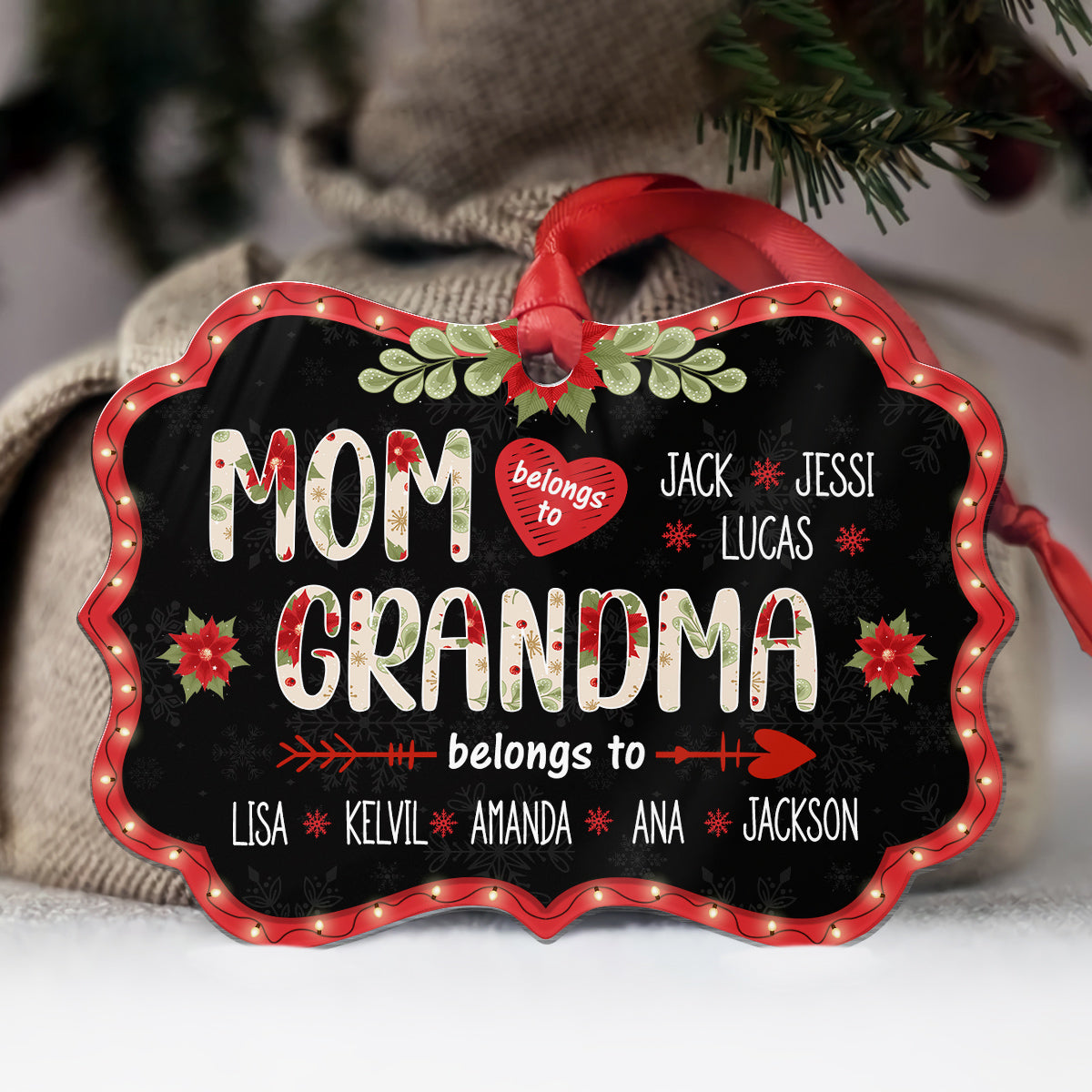 Mom Grandma Belongs To Ornament, Personalized Christmas Gift For Grandma, Custom Grandkids Names, Holiday Poinsettia Plaid Ornament