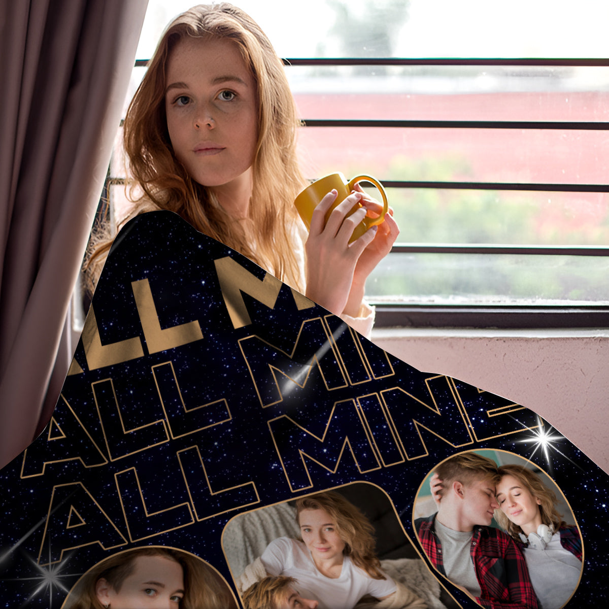 All Mine Photo Collage Blanket, Personalized Name And Year, Black With Multiple Couple Photos Gifts For Him Her Custom Fleece Sherpa Blanket, Gifts For Valentine Anniversary