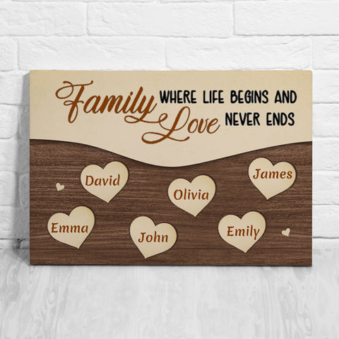 Gifts For Family, Family Together Life Begins Wooden Hearts, Personalized Canvas Wall Art, Gifts For Parents Family, Poster Prints Home Decor, Family Wall Decor, Gifts For Birthday