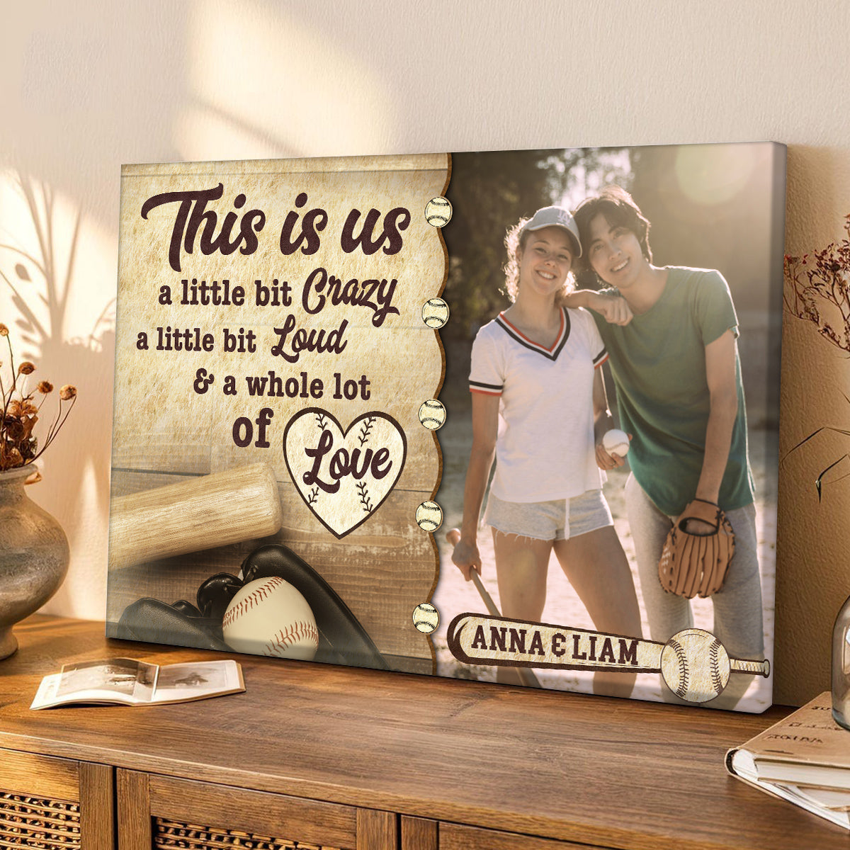 Personalized Name Sports Canvas, A Whole Lot Of Love Phrase Artwork, Baseball Bat And Glove Theme Couple Wall Decor Canvas Wall Art, Gifts For Him Her Poster Print Gifts For Valentine