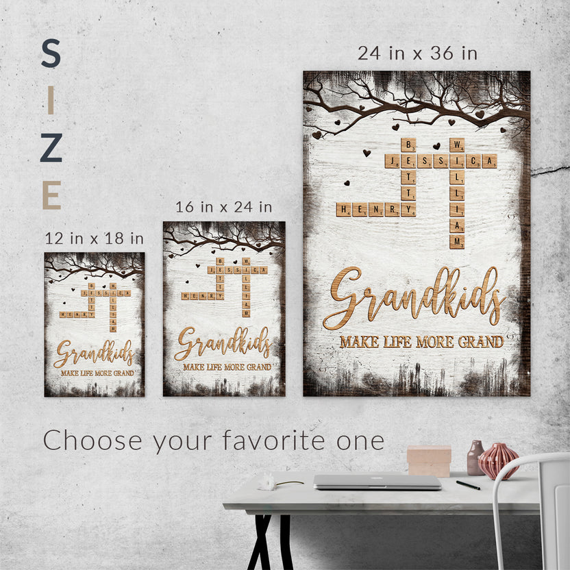 Grandkids Make Life More Grand Crossword Vertical Canvas Poster Vintage Tree, Personalized Canvas Wall Art, Gifts For Papa Nana, Poster Prints Home Decor, Family Wall Art