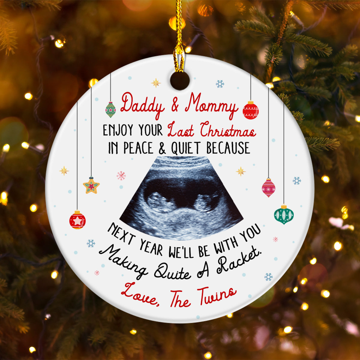 Daddy & Mommy Twins Ultrasound Ornament, Last Peaceful Christmas, Pregnancy Reveal Xmas Gift, Custom Sonogram Expecting Parents Keepsake