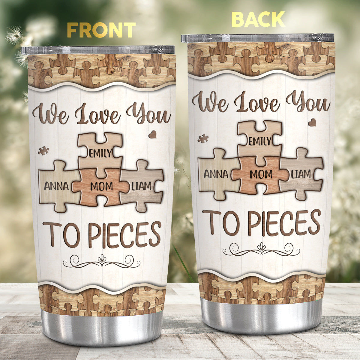 Unique Gifts For Mom, We Love Mom To Pieces Wooden Piece , Personalized Tumbler, Gifts For Mommy Women From Kids Children, 20oz With Lid Travel Cup Birthday Mothers Day