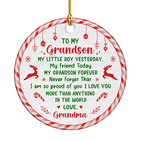 Grandsons Gifts, My Little Boy Yesterday Christmas Theme Candy Cane Circle Ceramic Ornament, Personalized Christmas Ornament, Gifts For Boys From Nana, Xmas Tree Decor