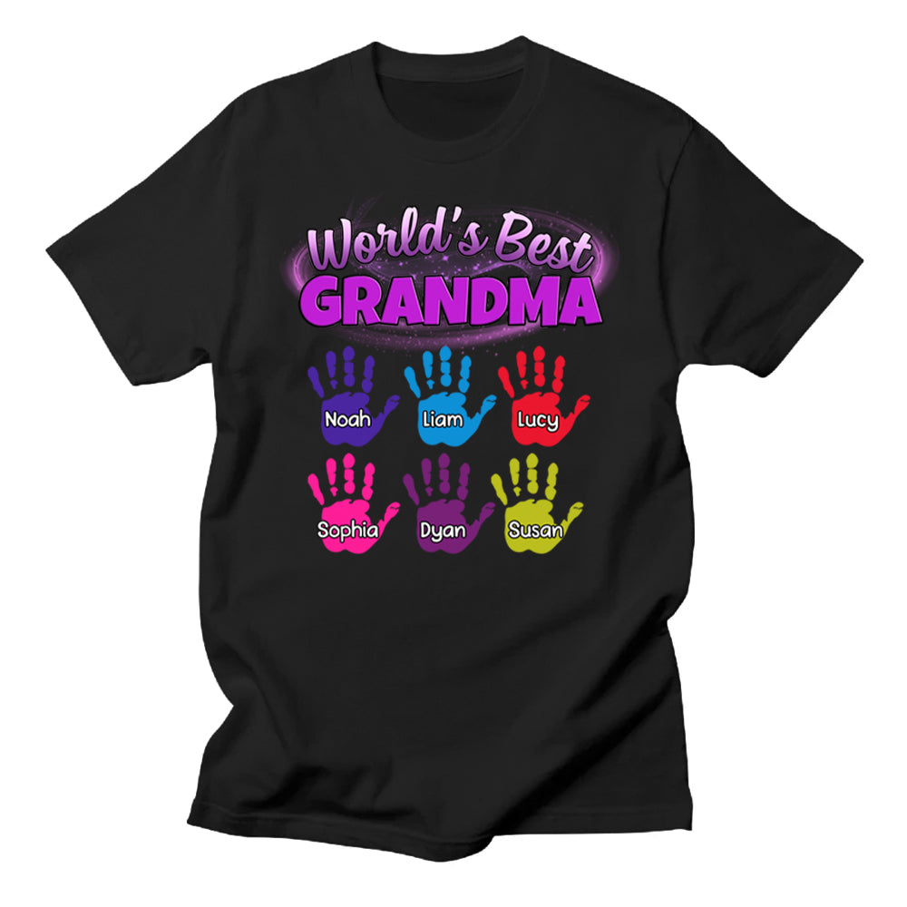 Personalized Shirt For Grandma From Grandkids World's Grandma Hand Prints Grandkids Custom Name Gifts Ideas For Grandma Short Sleeve Tops Tee T-Shirt For Birthday Mothers Day