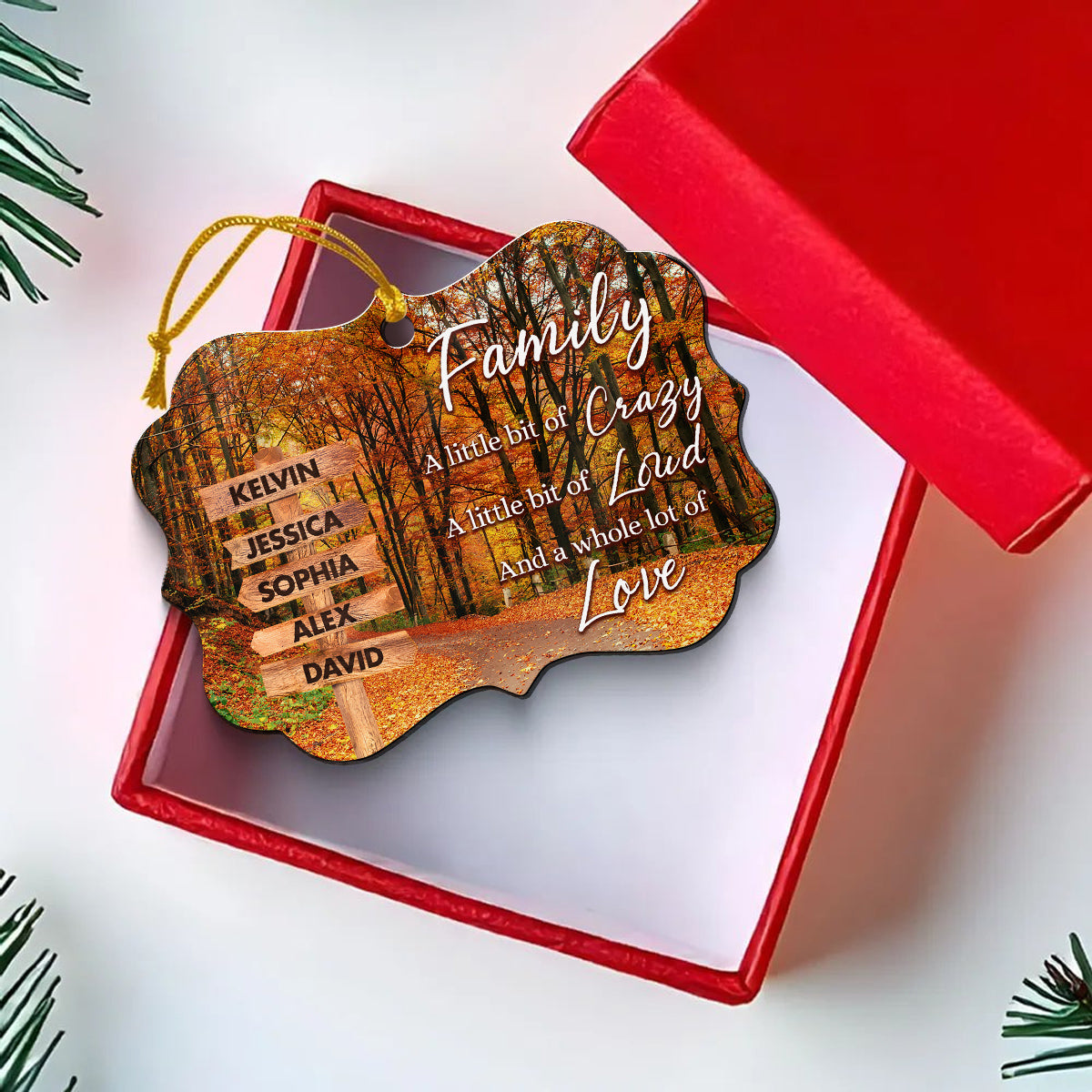 Family Little Bit Crazy, Little Bit Of Loud And Whole Lot Of Love Wooden Street Sign With Names Autumn Leaves Road Ornament