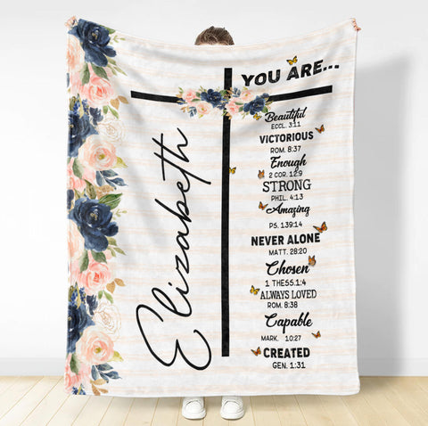 Personalized Blanket For Daughter Sisters From Family Friends Gifts Ideas For Christian Cross Flowers You Are Strong Chosen Loved Custom Name Fleece Sherpa Blanket For Birthday