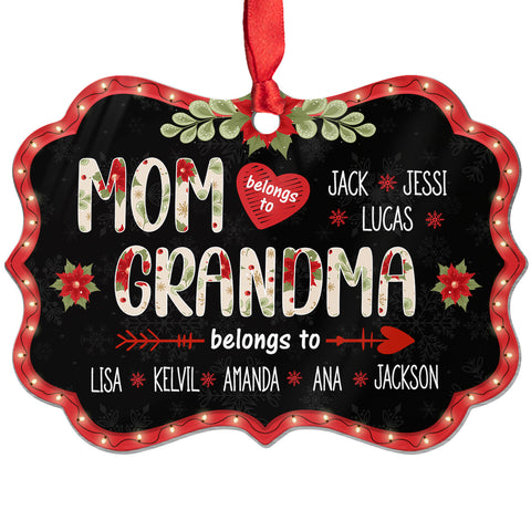 Mom Grandma Belongs To Ornament, Personalized Christmas Gift For Grandma, Custom Grandkids Names, Holiday Poinsettia Plaid Ornament