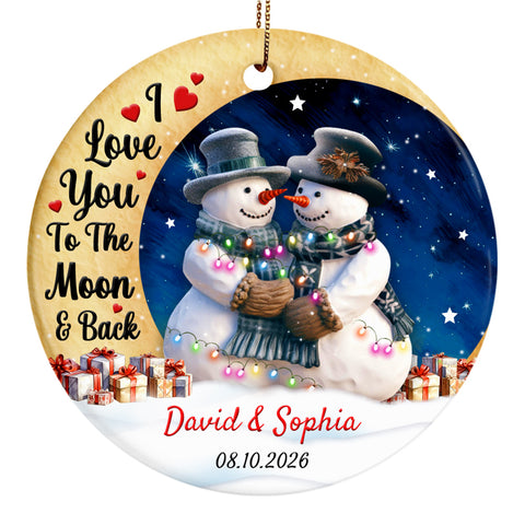 Custom Christmas Ornament, Snowy Winter Hugging, Love You To The Moon & Back Cute Couple Crescents Moon, Couple In Top Hats Snowy, Personalized Christmas Ornament For Wife Husband