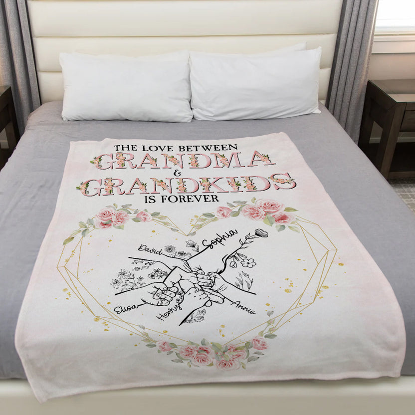 Gifts For Grandma, Love Between Is Forever Hand In Hand Funny Floral, Personalized Blanket, Gifts For Grandmother Nana From Grandkids, Custom Fleece Sherpa Blanket, Gifts For Birthday