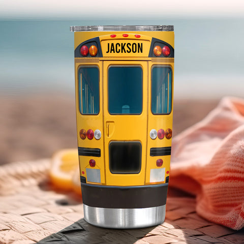 Personalized Tumbler For Men Dad Husband Coworker From Family Friends Custom Name Tumbler, Insulated Stainless Steel Travel Cup, School Bus Front And Back View Design, For Teacher