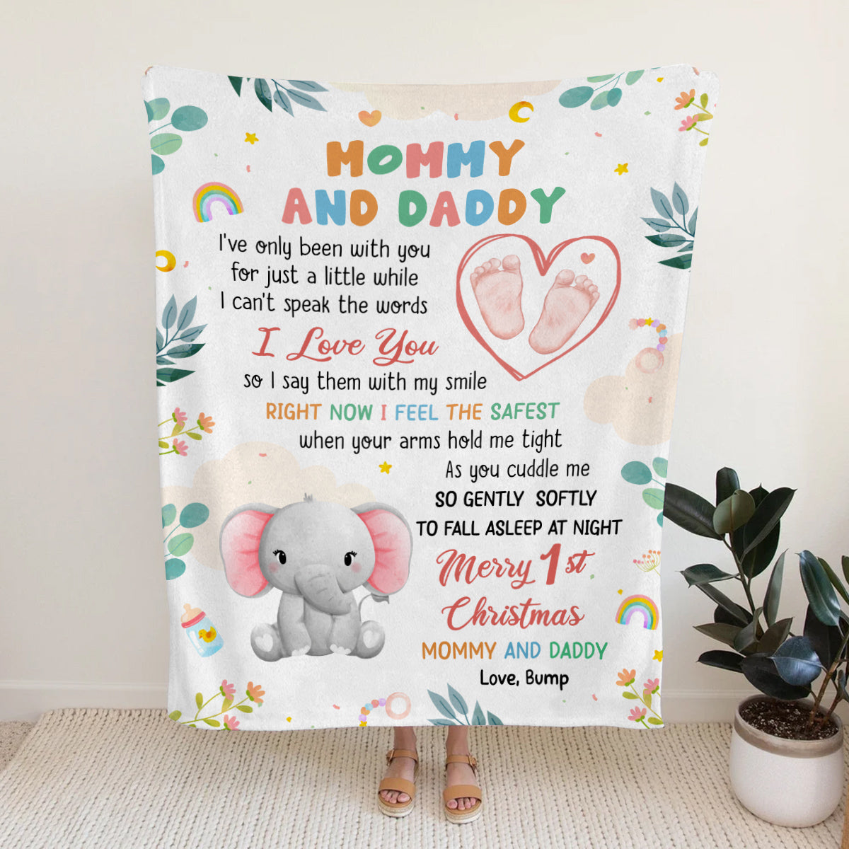 Merry 1st Christmas Mommy Daddy I've Only Been With You A While Footprint Baby Elephant, Personalized Blanket, Gifts For New Parents, Fleece Sherpa Blanket, New Parents Xmas Christmas