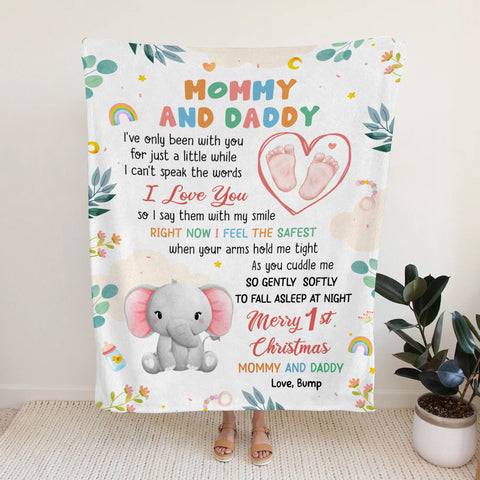 Merry 1st Christmas Mommy Daddy I've Only Been With You A While Footprint Baby Elephant, Personalized Blanket, Gifts For New Parents, Fleece Sherpa Blanket, New Parents Xmas Christmas