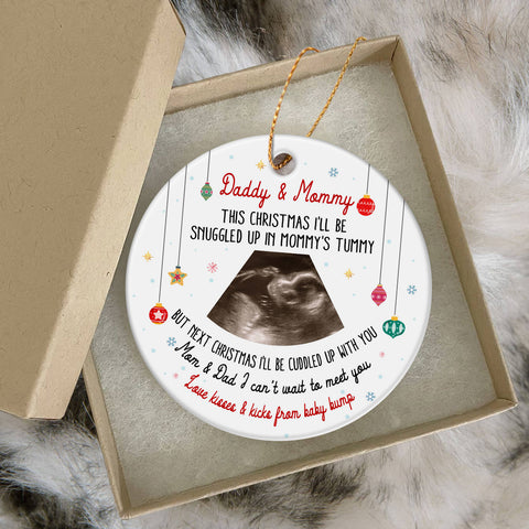 Daddy & Mommy Ultrasound Ornament, Snuggled In Mommy’s Tummy Quote, Pregnancy Reveal Xmas Gift, Custom Sonogram Photo Baby Bump Keepsake