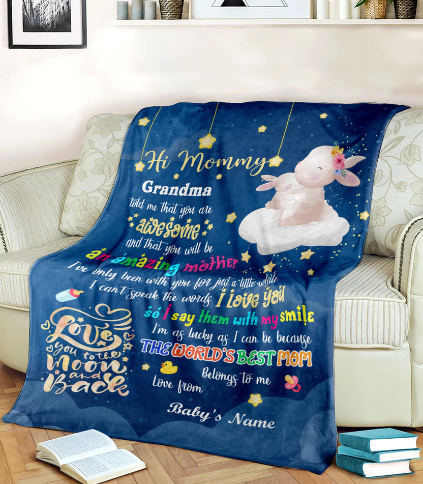 Personalized Blanket For 1St Time Mother From Baby Hi Mommy Grandma Told Me That Rabbit 1St Mother's Day Cute Sleeping Custom Name New Mom Gifts Ideas Fleece Sherpa Blanket For Birthday