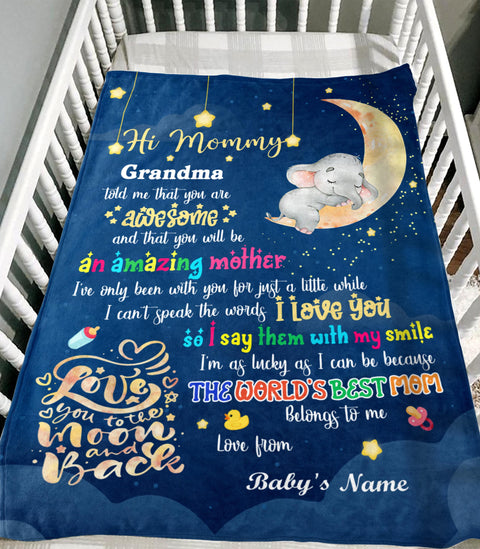 Personalized Blanket For 1St Time Mother From Baby Hi Mommy Grandma Told Me That 1St Mother's Day Cute Sleeping Elephant Custom Name First Time Mom Gifts Fleece Sherpa Blanket For Birthday
