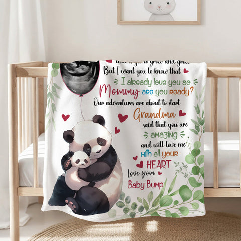 I Already Love You Leaf Mommy Baby Panda With Balloon Green Leaf, Personalized Blanket, Gifts For Mom To Be, Fleece Sherpa, New Mom Blanket, Gifts For Mother's Day