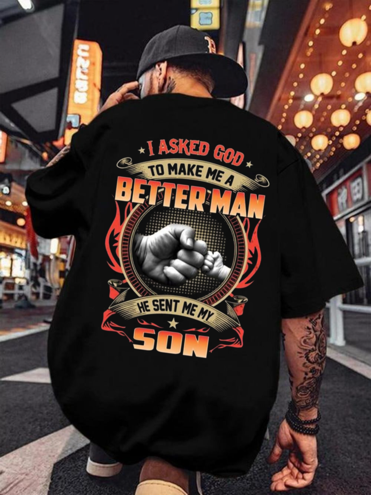I Asked God To Make Me A Better Man He Sent Me My Son Shirt Back Print, Fist Bump Dad T Shirt, Boy Dad Tee, Fathers Day Gift For Men, Husband Top, Unisex Regular Fit Crewneck Tee, Casual Clothing