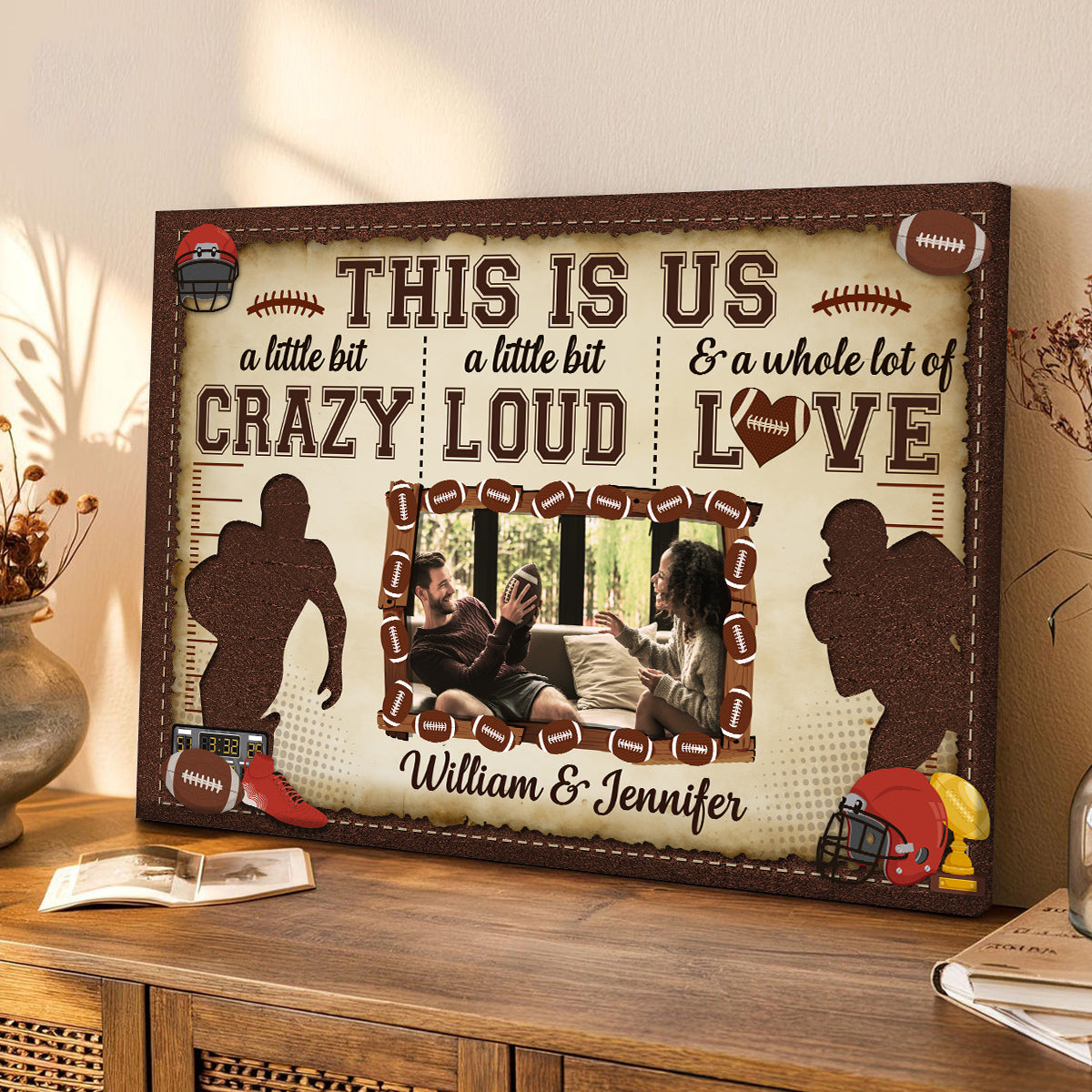 Personalized Name Football Canvas Artwork, A Little Bit Loud & A Whole Lot Of Love Phrase, Sports Couple Theme Decor, Personalized Canvas Wall Art, Gifts For Him Her Honey Poster