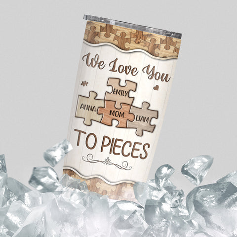 Unique Gifts For Mom, We Love Mom To Pieces Wooden Piece , Personalized Tumbler, Gifts For Mommy Women From Kids Children, 20oz With Lid Travel Cup Birthday Mothers Day