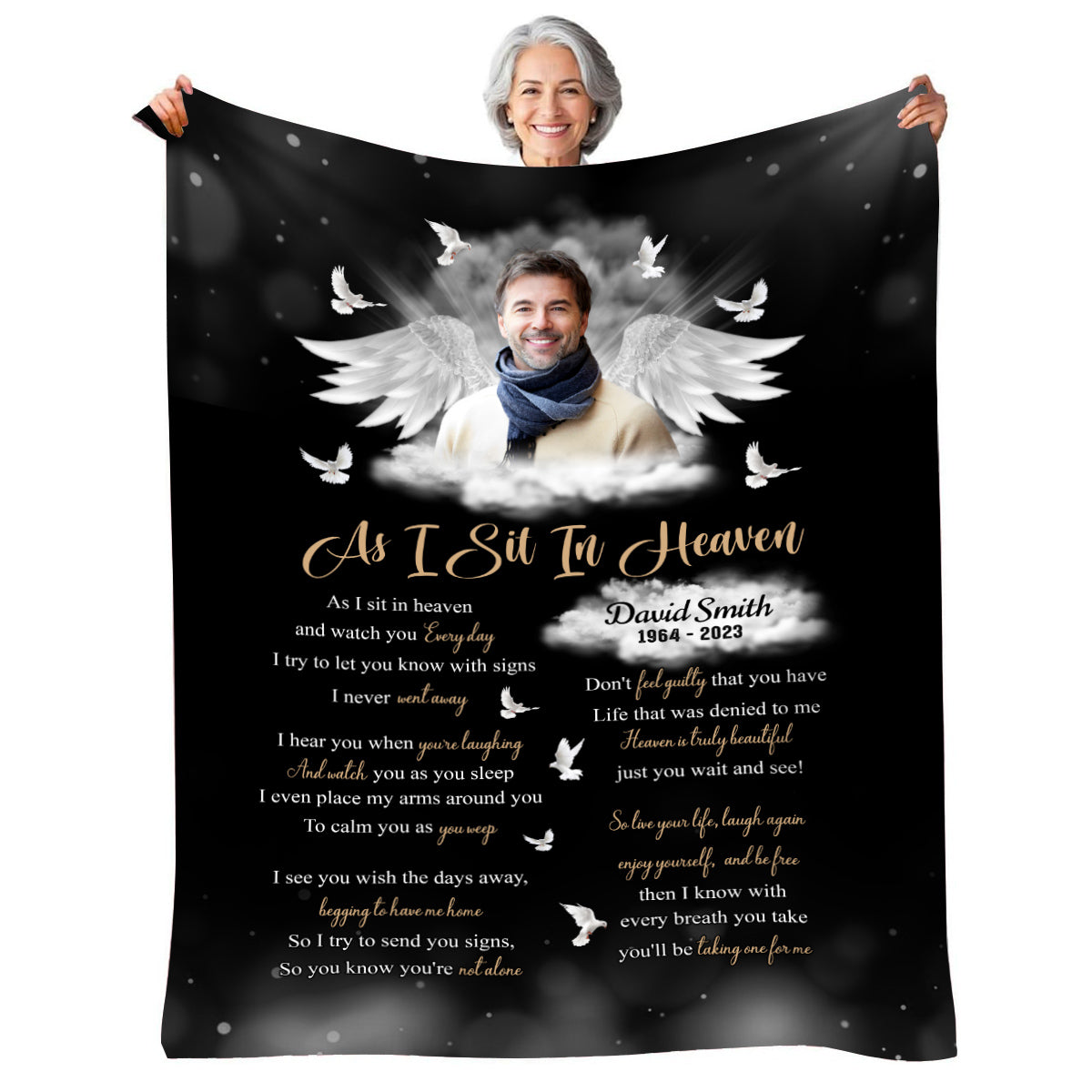 Sympathy Gifts, Memorial Blanket With Photo, Personalized Memorial Blanket, Heavenlies Angel Portrait Artwork, Remembrance Verse With Clouds And Doves, Spiritual Comfort Message