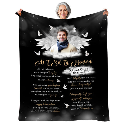 Sympathy Gifts, Memorial Blanket With Photo, Personalized Memorial Blanket, Heavenlies Angel Portrait Artwork, Remembrance Verse With Clouds And Doves, Spiritual Comfort Message