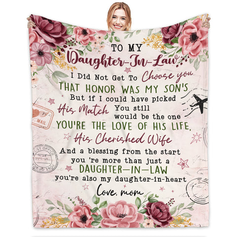 Personalized To Daughter In Law Blanket From Mother In Law Also My Daughter In Heart Floral Printed Custom Name Gifts For Daughter In Law Fleece Sherpa Blanket For Birthday Wedding