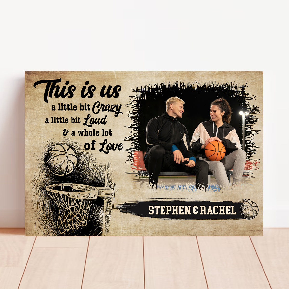 Personalized Name Couple Basketball Canvas Wall Art, A Little Bit Loud & A Whole Lot Of Love Quote Decor, Athletic Theme Print Canvas Wall Art, Gifts For Him Her Poster Prints Decor