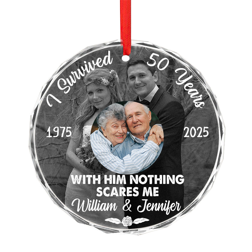 Gifts For Couple, I Survived 50 Years With Him Nothing Scare Me, Anniversary Glass Ornament, Wedding Photo Keepsake, 50 Year Love Ornament, Then & Now Photo Collage, Gifts For Parents