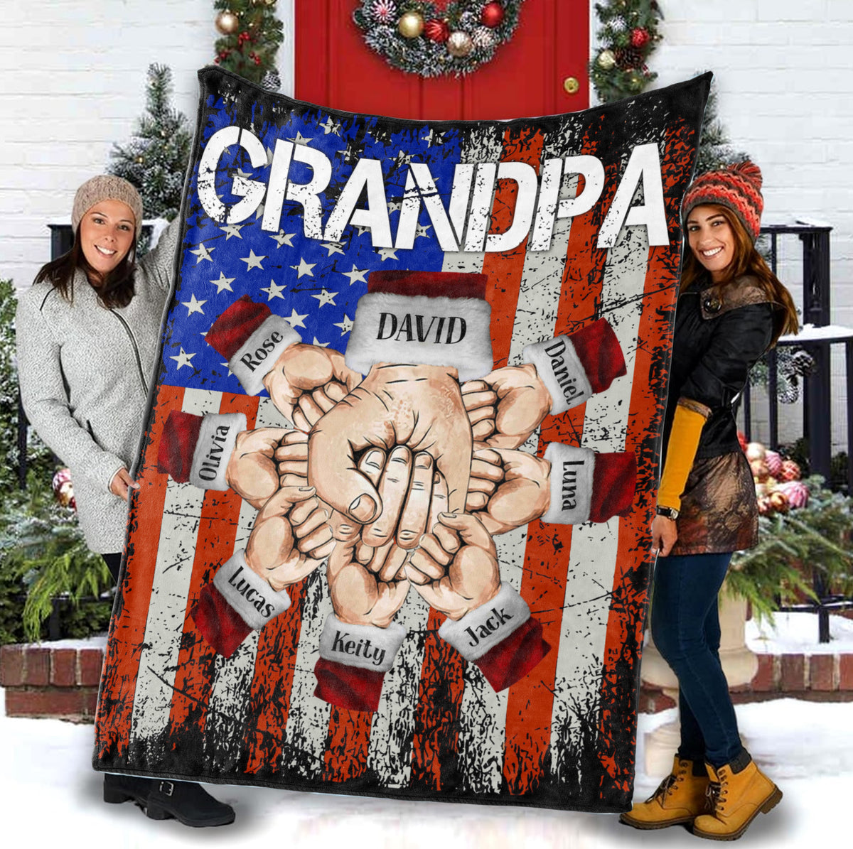 Personalized Blanket For Grandfather Poppy From Grandchildren Poppy Fist Bump Holding Hand With Heart Flag Custom Name Grandpa Gifts Ideas Fleece Sherpa Blanket For Christmas Couch Bed Sofa