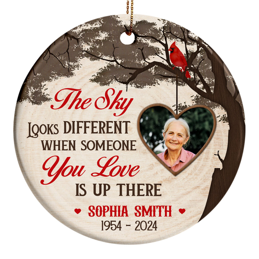 Sympathy Memorial Ornament, Sky Look Different When Someone You Love Is Up There Wooden Vintage Heart Photo, Gifts For Loss Of Mom Dad, Xmas Tree Decor, Funeral Gifts For Anniversary
