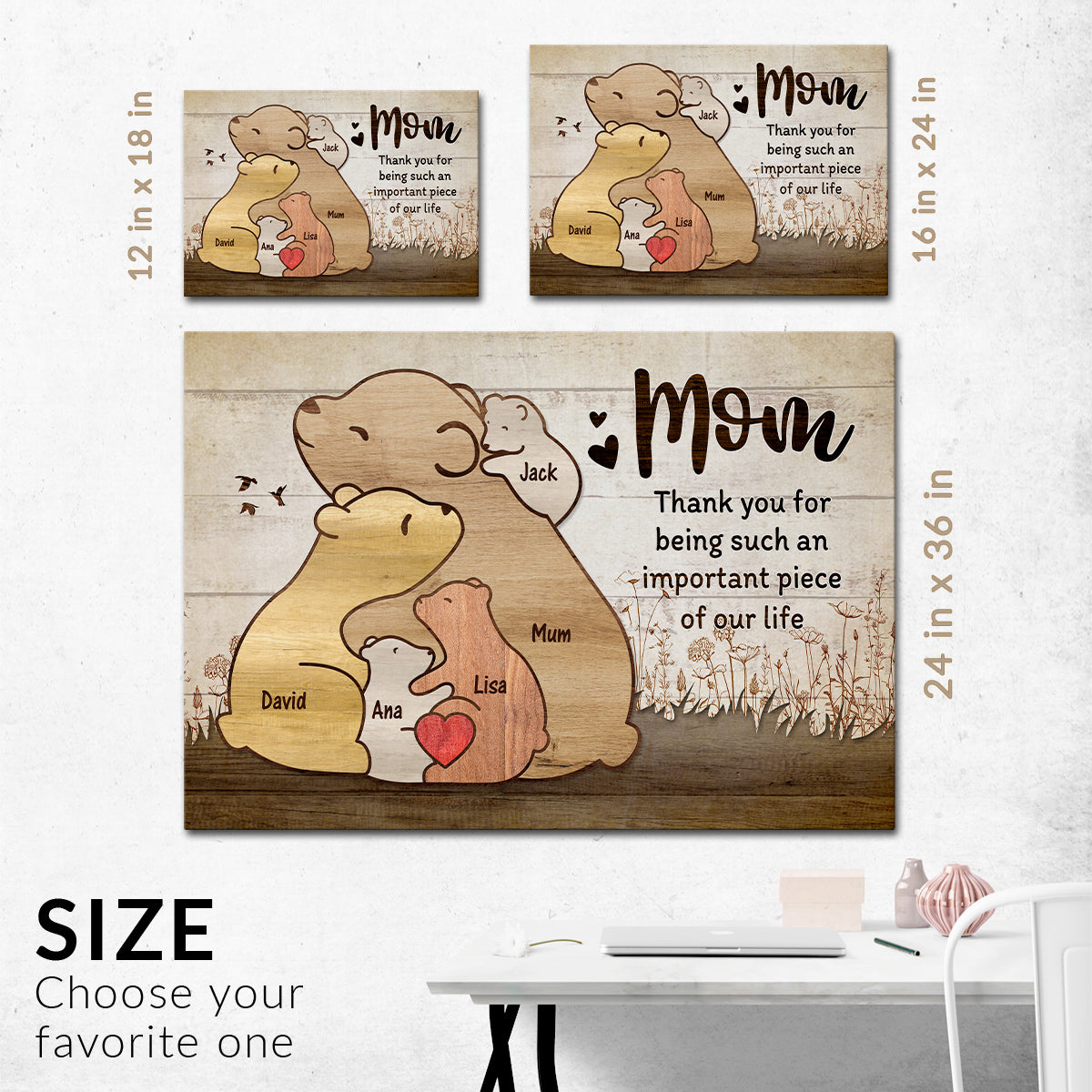 Gifts For Mom, Thanks For Being Such An Piece Of Our Life Mommy Kids Bear Wooden Pieces Canvas Wall Art, Gifts From Daughter Son, Poster Prints Wall Decor, Gifts For Mothers Day Xmas