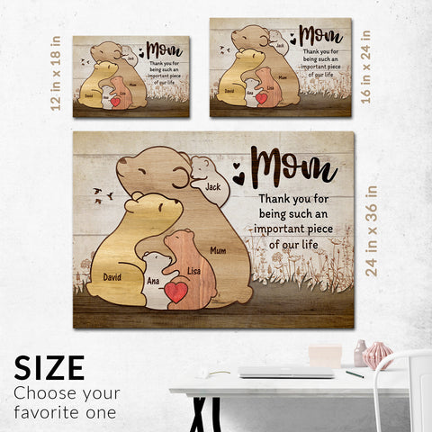 Gifts For Mom, Thanks For Being Such An Piece Of Our Life Mommy Kids Bear Wooden Pieces Canvas Wall Art, Gifts From Daughter Son, Poster Prints Wall Decor, Gifts For Mothers Day Xmas