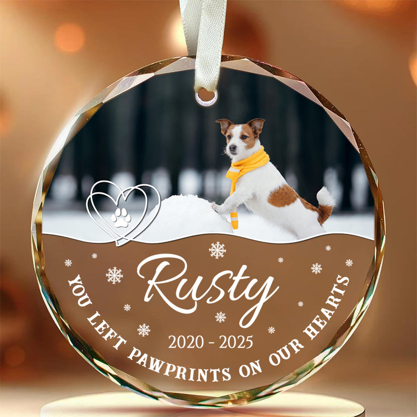 You Left Pawprints On Our Hearts Glass Circle Ornament, Personalized Pet Memorial Ornament With Photo, Gifts For Loss Of Dog, Tree Decor Christmas Keepsake Decor, Pet Loss Gifts