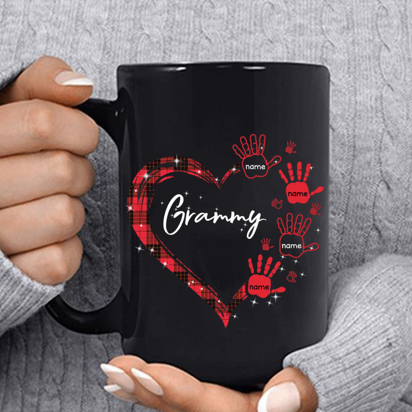 Personalized Coffee Mug For Grandmother From Grandchild Grammy Red Plaid Handprints Heart Custom Grandkids Name 11 15Oz Ceramic Black Cup Gifts For Grandma For Mothers Day Birthday