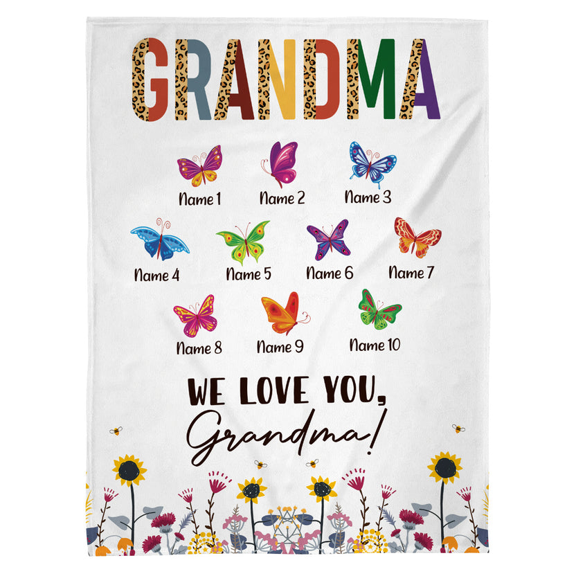 Grandmother Blanket, Grandma Header, Butterflies Symbols For Names, “We Love You, Grandma” Message Style, Personalized Blanket, Gifts To Nana From Grandkids, Gifts For Mother's Day