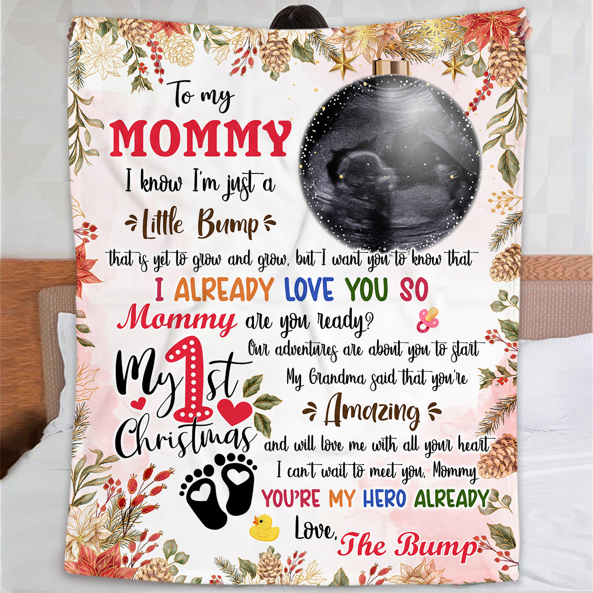 Mommy Are You Ready Baby Ultrasound With Ball Hanging Tree, First Christmas Sonogram Blanket, Expecting Mother Milestone, Holiday Keepsake, Personalized Photo Blanket, Gifts For Mom