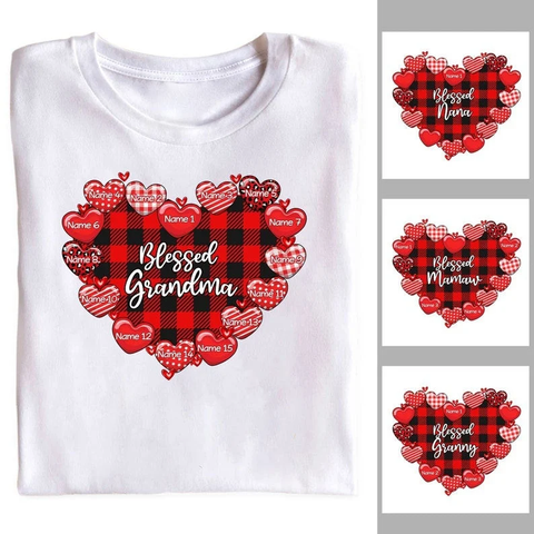 Personalized Shirt For Nana Mimi From Grandchildren Grandma Sweethearts Red Black Plaid Hearts Custom Name  Short Sleeve Tops Tee T-Shirt For Birthday Valentines Day Winter Holiday
