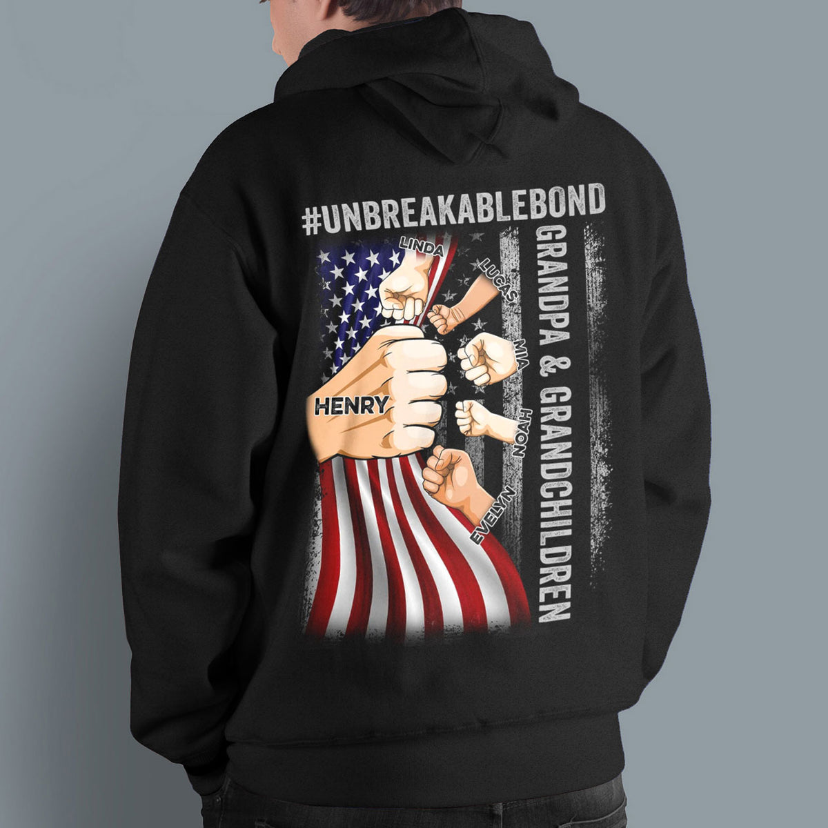Personalized Shirt For Papa From Grandkids Custom Name Grandpa & Grandsons Granddaughters Unbreakable Bond Flag Back Side T-Shirt Papa Gifts Shirts For Men Family On Christmas