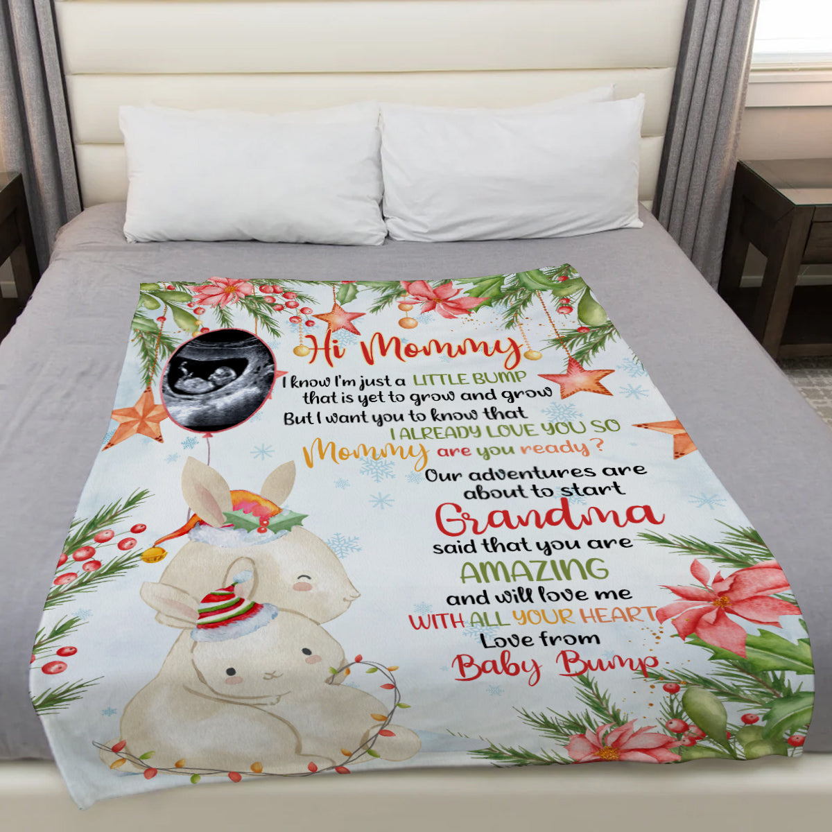 Personalized Bunny Pregnancy Announcement Blanket From Baby Bump, Ultrasound Gifts For New Mom And Dad, Soft Cozy Blanket For Expecting Parents, Baby Reveal Keepsake Christmas Presents