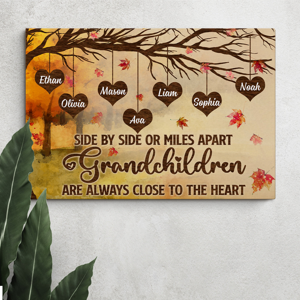 Grandma Gifts, Side By Side Or Miles Apart Grandchildren Are Always Close To The Heart Autumn Tree Heart With Names Canvas Wall Art, Gifts For Nana From Grandkids, Poster Prints Wall