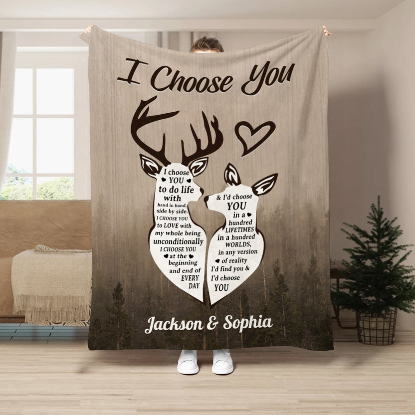 His Doe Her Buck Deer Couple Silhouette Vintage I'd Find You & I'd Choose You, Personalized Blanket, Gifts For Him Her From Honey, Custom Fleece Sherpa Blanket, Gifts For Valentines