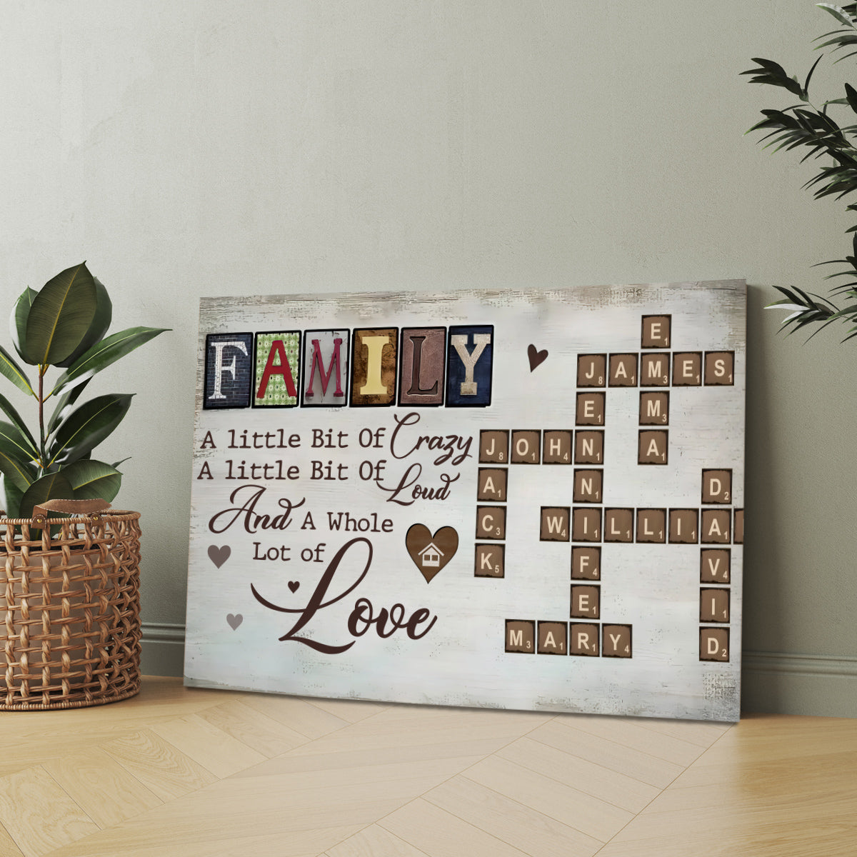 Family Little Bit Crazy A Little Bit Of Loud And Whole Lot Of Love Crossword Art Poster, Personalized Canvas Wall Art, Gifts For Mom Dad, Poster Prints Home Decor, Family Wall Decor