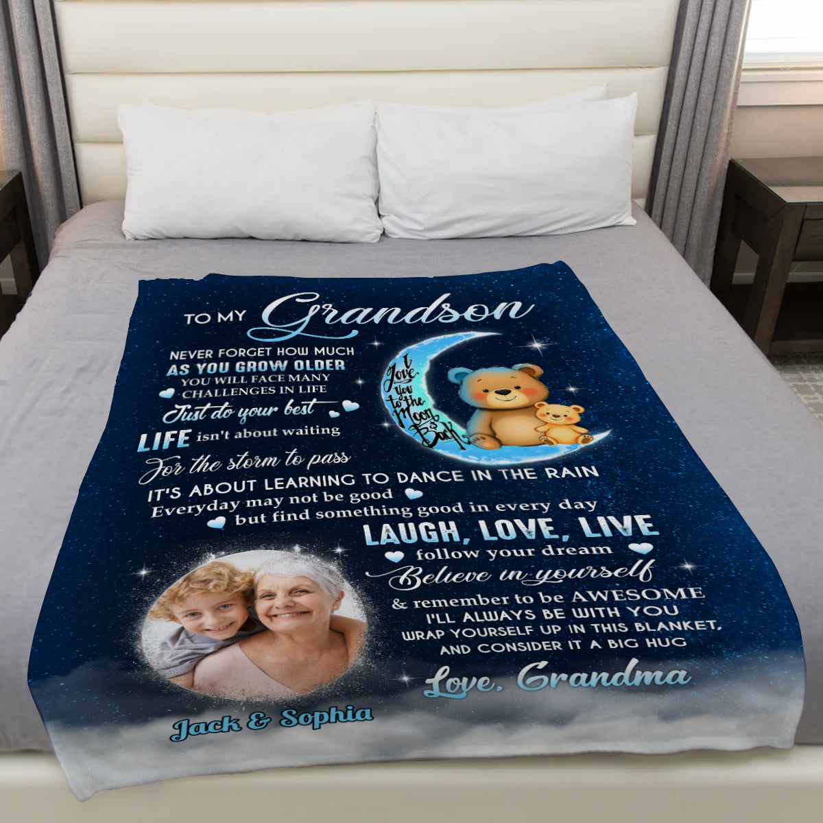 Grandsons Gifts, As You Grow Older You Will Face Many Challenges In Life Bear And Photo, Personalized Blanket, Gifts For Grandson From Grandma,Fleece Sherpa Blanket, Gifts For Christmas