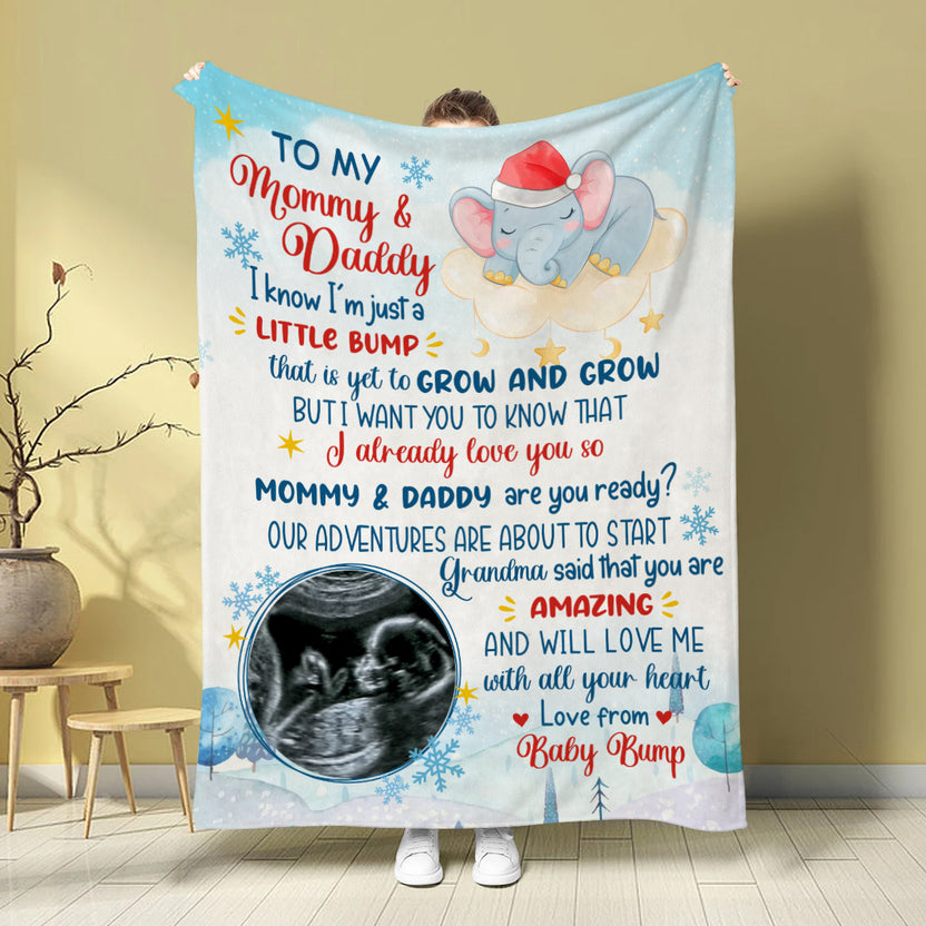 New Parents Gifts, I'm Just A Bump That Is Yet To Grow And Grow Baby Elephant Sonogram Picture, Personalized Blanket, Gifts For New Parents, Fleece Sherpa Blanket, New Parents Blanket