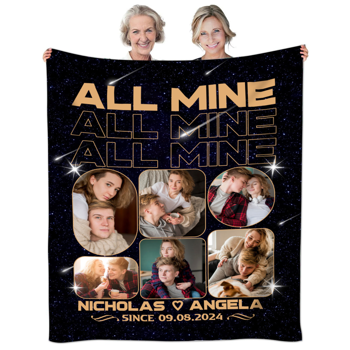 All Mine Photo Collage Blanket, Personalized Name And Year, Black With Multiple Couple Photos Gifts For Him Her Custom Fleece Sherpa Blanket, Gifts For Valentine Anniversary
