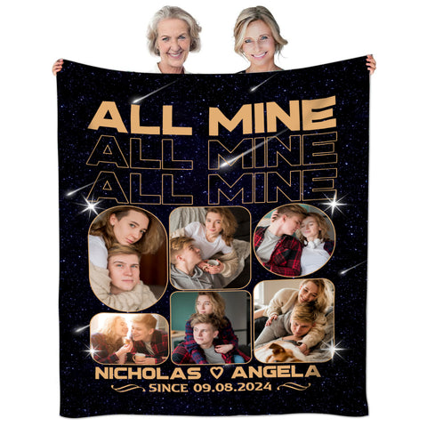 All Mine Photo Collage Blanket, Personalized Name And Year, Black With Multiple Couple Photos Gifts For Him Her Custom Fleece Sherpa Blanket, Gifts For Valentine Anniversary