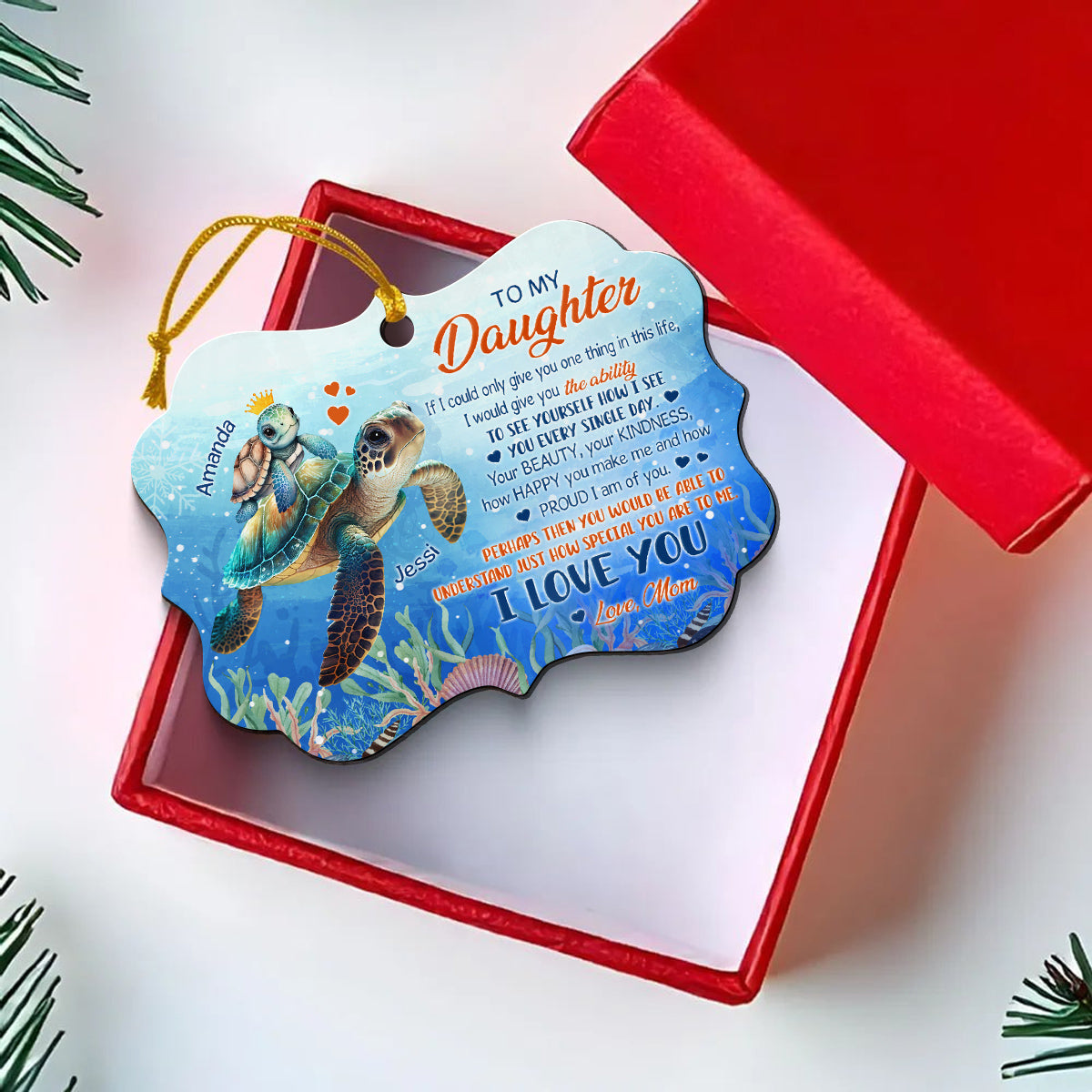Daughter Gifts, Sea Turtle How Happy You Make Me Hand How Proud I Am Medallion Aluminum Ornament For Girls Babies From Mom Mother, Xmas Tree Decor, Gifts For Birthday Xmas Keepsake