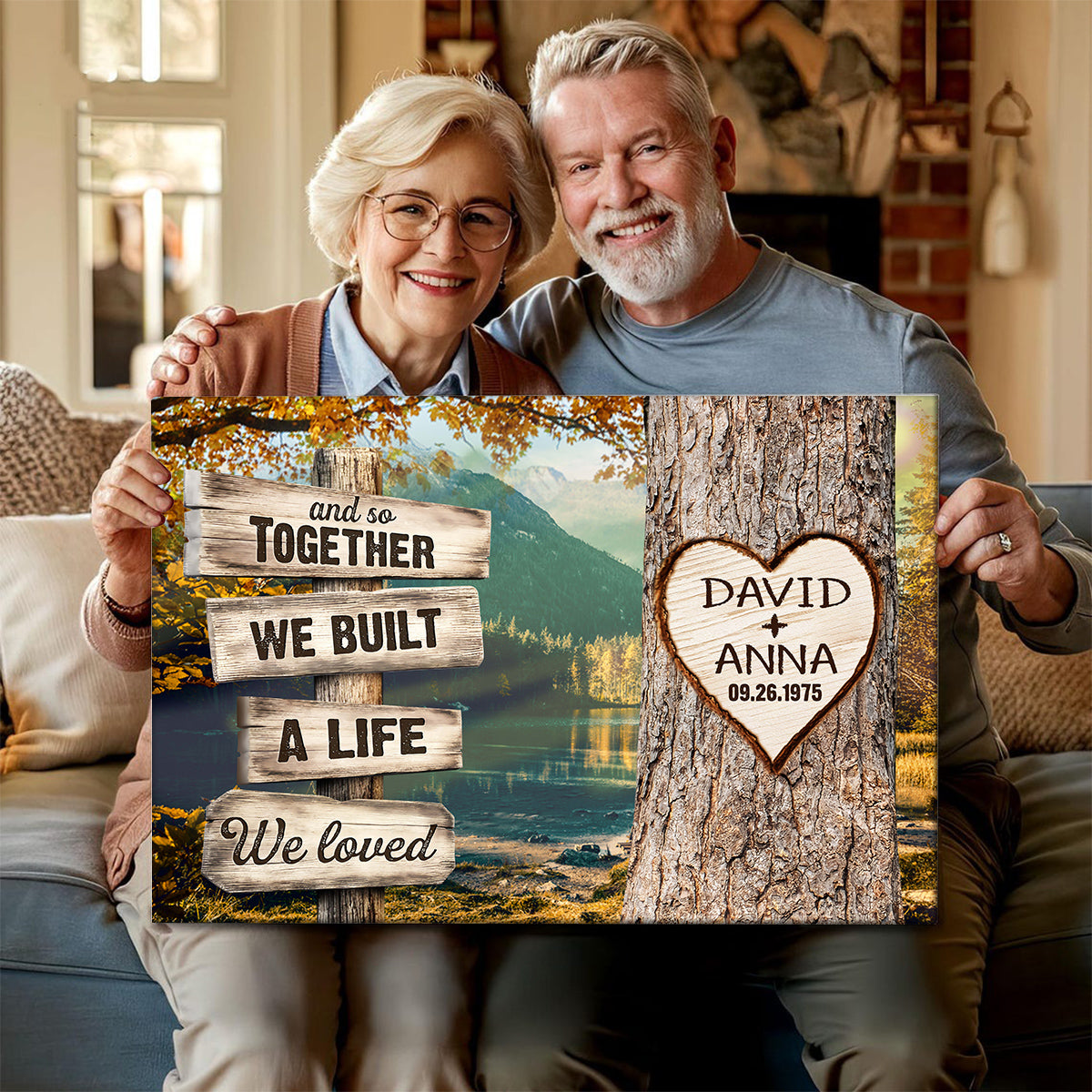 And So Together We Built A Life We Loved Custom Name & Date Heart Carving On Tree Rustic Wood Sign With Autumn Forest Poster