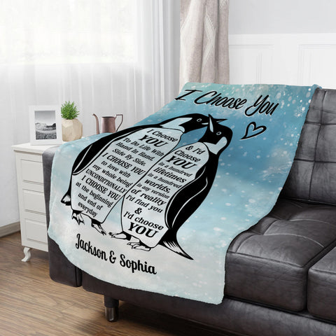 Mr And Mrs Gifts, Penguin Couple Silhouette Vintage I'd Find You & I'd Choose You, Personalized Blanket, Gifts For Him Her Honey, Custom Fleece Sherpa Blanket For Valentine Anniversary